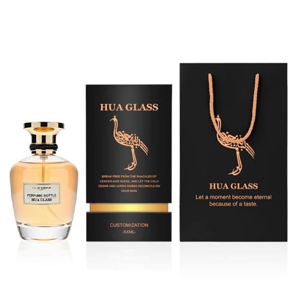HUA0238 perfume bottle, kettle-shaped transparent glass body with thick base, 100 ml liquid, flat cylindrical metallic cap, top flat, bottom fitting the bottle neck, brand label applied on bottle, modern luxurious design, ideal for gifting and daily use.