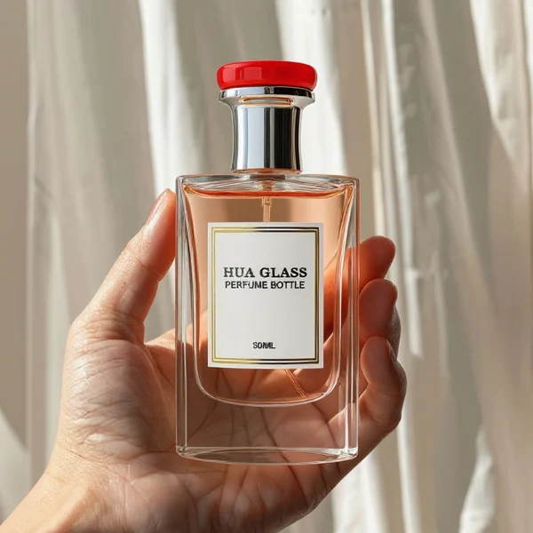 HUA0239 perfume bottle, square transparent glass body with thick base, 80 ml liquid, flat cylindrical plastic cap with customizable color, gold or silver neck, brand label applied on bottle, modern luxurious design, ideal for gifting and daily use.