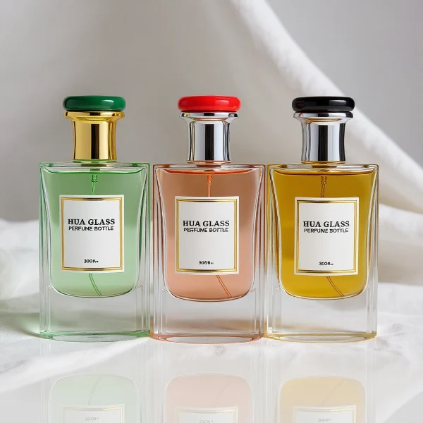HUA0239 perfume bottle, square transparent glass body with thick base, 80 ml liquid, flat cylindrical plastic cap with customizable color, gold or silver neck, brand label applied on bottle, modern luxurious design, ideal for gifting and daily use.