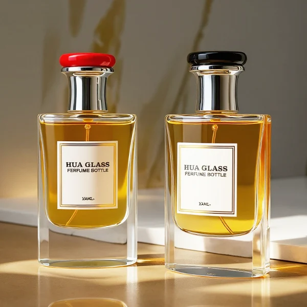HUA0239 perfume bottle, square transparent glass body with thick base, 80 ml liquid, flat cylindrical plastic cap with customizable color, gold or silver neck, brand label applied on bottle, modern luxurious design, ideal for gifting and daily use.