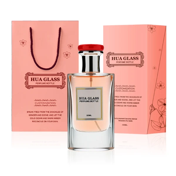 HUA0239 perfume bottle, square transparent glass body with thick base, 80 ml liquid, flat cylindrical plastic cap with customizable color, gold or silver neck, brand label applied on bottle, modern luxurious design, ideal for gifting and daily use.