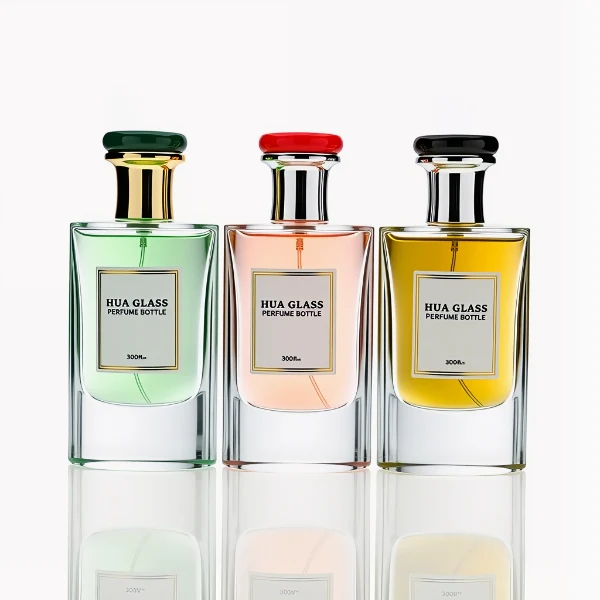 HUA0239 perfume bottle, square transparent glass body with thick base, 80 ml liquid, flat cylindrical plastic cap with customizable color, gold or silver neck, brand label applied on bottle, modern luxurious design, ideal for gifting and daily use.