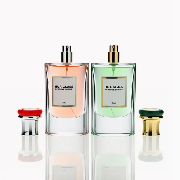HUA0239 perfume bottle, square transparent glass body with thick base, 80 ml liquid, flat cylindrical plastic cap with customizable color, gold or silver neck, brand label applied on bottle, modern luxurious design, ideal for gifting and daily use.