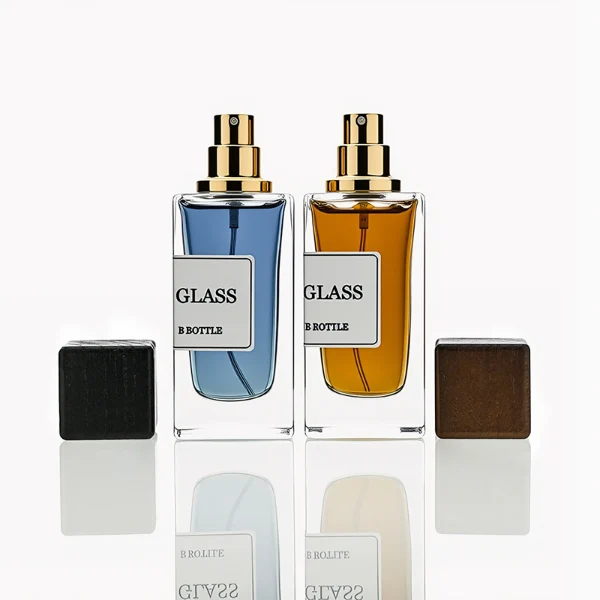 HUA0240 perfume bottle, square transparent glass body with thick base, 30 ml, 50 ml, or 100 ml liquid, square wooden cap with gold neck, brand label applied on bottle, modern luxurious design, ideal for gifting and daily use.