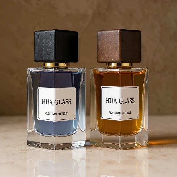 HUA0240 perfume bottle, square transparent glass body with thick base, 30 ml, 50 ml, or 100 ml liquid, square wooden cap with gold neck, brand label applied on bottle, modern luxurious design, ideal for gifting and daily use.