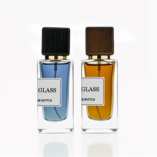 HUA0240 perfume bottle, square transparent glass body with thick base, 30 ml, 50 ml, or 100 ml liquid, square wooden cap with gold neck, brand label applied on bottle, modern luxurious design, ideal for gifting and daily use.