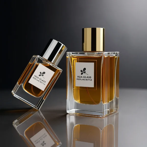 HUA0241 perfume bottle, square transparent glass body with thick base, 50 ml or 100 ml liquid, cylindrical plastic cap, brand label applied on bottle, modern luxurious design, ideal for gifting and daily use.