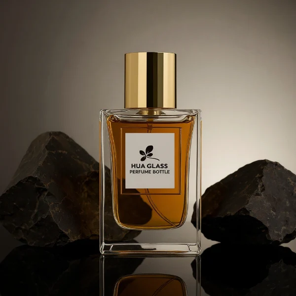 HUA0241 perfume bottle, square transparent glass body with thick base, 50 ml or 100 ml liquid, cylindrical plastic cap, brand label applied on bottle, modern luxurious design, ideal for gifting and daily use.