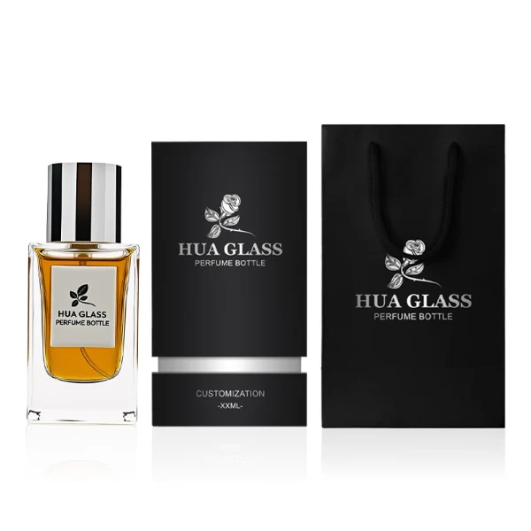 HUA0241 perfume bottle, square transparent glass body with thick base, 50 ml or 100 ml liquid, cylindrical plastic cap, brand label applied on bottle, modern luxurious design, ideal for gifting and daily use.