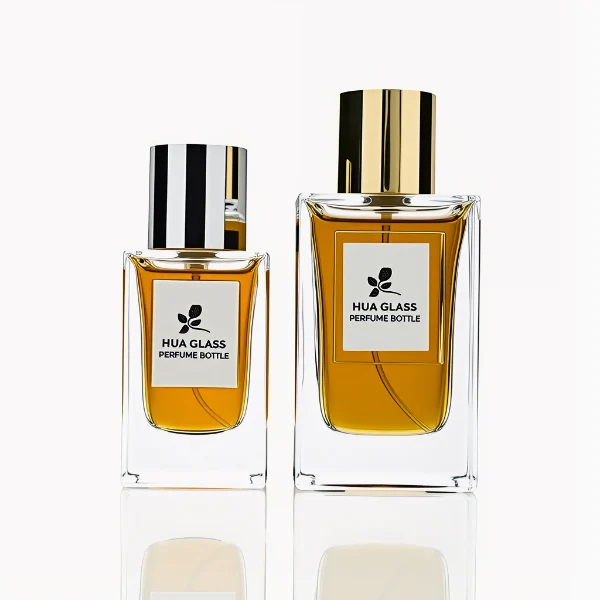 HUA0241 perfume bottle, square transparent glass body with thick base, 50 ml or 100 ml liquid, cylindrical plastic cap, brand label applied on bottle, modern luxurious design, ideal for gifting and daily use.