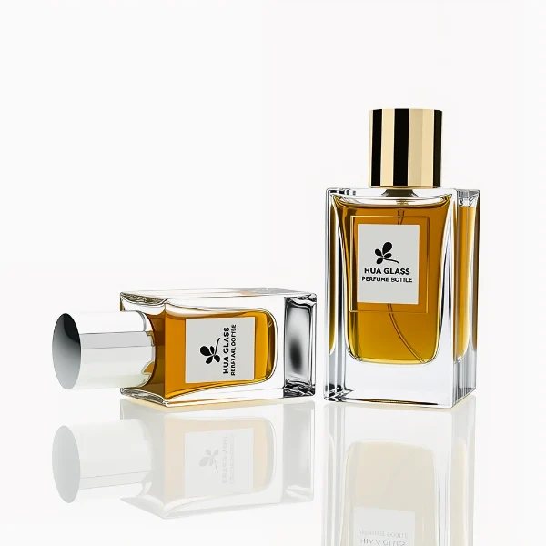 HUA0241 perfume bottle, square transparent glass body with thick base, 50 ml or 100 ml liquid, cylindrical plastic cap, brand label applied on bottle, modern luxurious design, ideal for gifting and daily use.