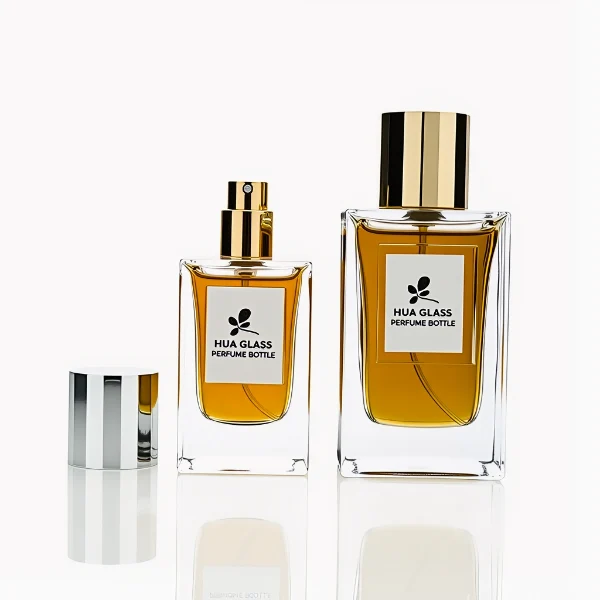 HUA0241 perfume bottle, square transparent glass body with thick base, 50 ml or 100 ml liquid, cylindrical plastic cap, brand label applied on bottle, modern luxurious design, ideal for gifting and daily use.