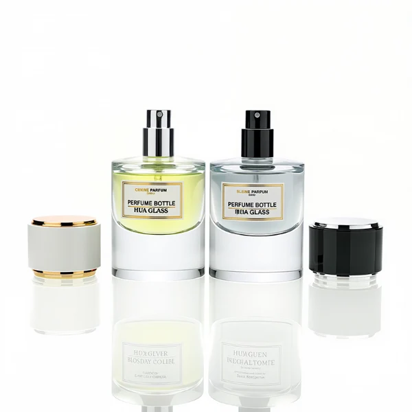 HUA0242 perfume bottle, cylindrical transparent glass body with thick base, 30 ml, 50 ml, or 100 ml liquid, cylindrical plastic cap with black or white side and silver plastic rings on both top and bottom, brand label applied on bottle, modern luxurious design, ideal for gifting and daily use.