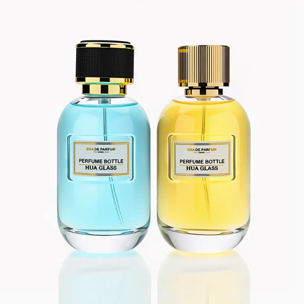 HUA0244 perfume bottle, cylindrical transparent glass body with thick base, 100 ml liquid, cylindrical plastic cap with exterior wrapped in leather or textured pattern, gold-colored bottle neck, brand label applied on bottle, modern luxurious design, ideal for gifting and daily use.