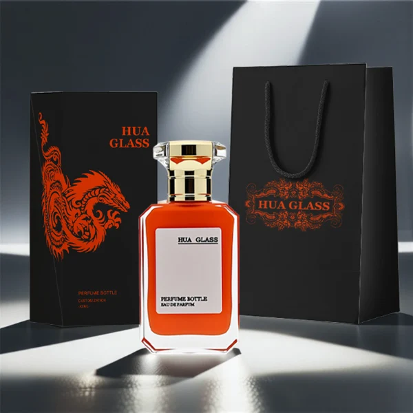 HUA0245 perfume bottle, rectangular transparent glass body with beveled corners and thick base, customizable inner spray colors, 30 ml, 50 ml, or 100 ml liquid, irregular metallic plastic cap with silver or gold side bar details, printed logo label, modern luxury fashion design, ideal for gifting and daily use.