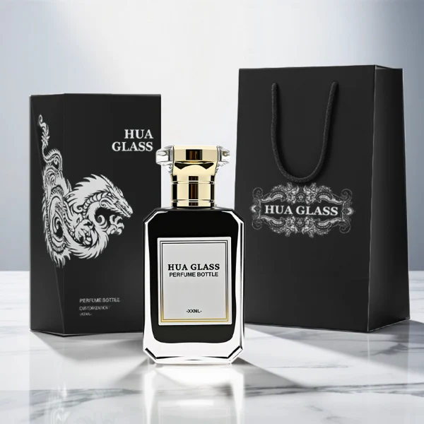 HUA0245 perfume bottle, rectangular transparent glass body with beveled corners and thick base, customizable inner spray colors, 30 ml, 50 ml, or 100 ml liquid, irregular metallic plastic cap with silver or gold side bar details, printed logo label, modern luxury fashion design, ideal for gifting and daily use.