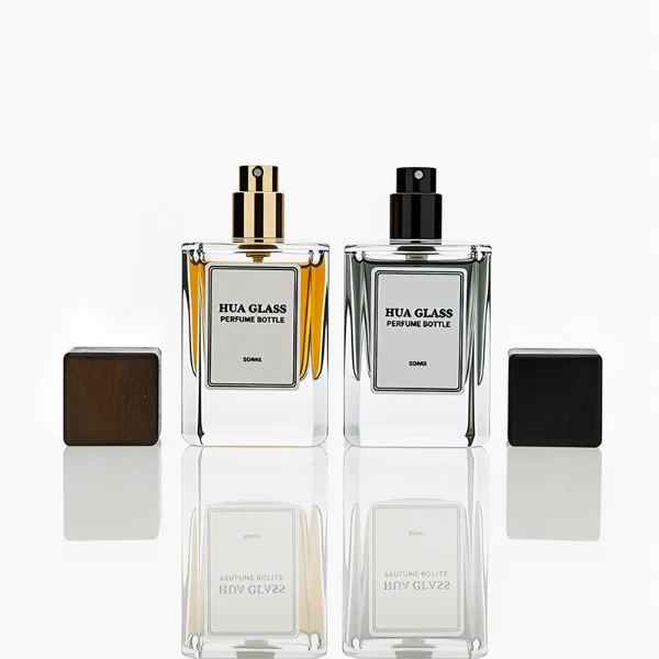 HUA0246 perfume bottle, rectangular transparent glass body with thick base, 30 ml, 50 ml, or 100 ml liquid, rectangular wooden cap, brand label applied on bottle, modern luxurious design, ideal for gifting and daily use.