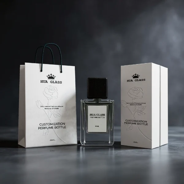 HUA0246 perfume bottle, rectangular transparent glass body with thick base, 30 ml, 50 ml, or 100 ml liquid, rectangular wooden cap, brand label applied on bottle, modern luxurious design, ideal for gifting and daily use.