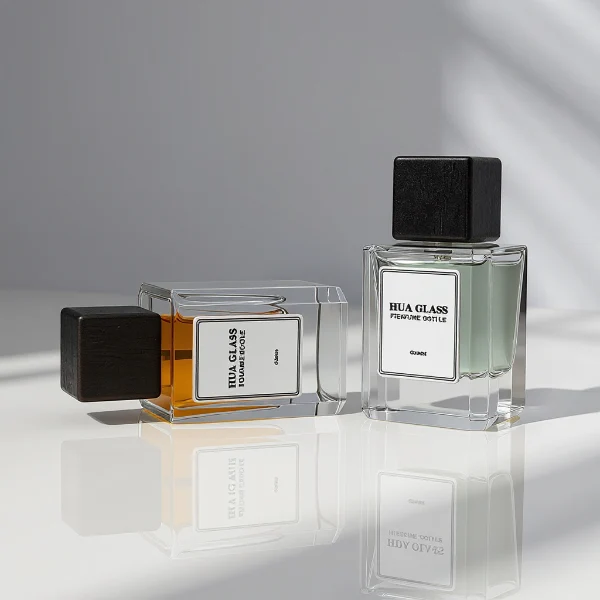 HUA0246 perfume bottle, rectangular transparent glass body with thick base, 30 ml, 50 ml, or 100 ml liquid, rectangular wooden cap, brand label applied on bottle, modern luxurious design, ideal for gifting and daily use.