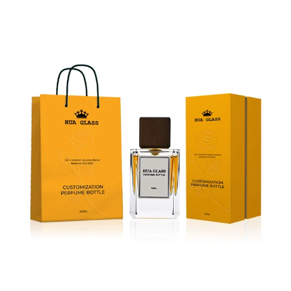 HUA0246 perfume bottle, rectangular transparent glass body with thick base, 30 ml, 50 ml, or 100 ml liquid, rectangular wooden cap, brand label applied on bottle, modern luxurious design, ideal for gifting and daily use.
