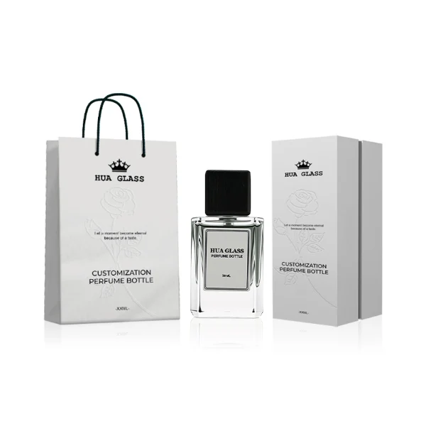 HUA0246 perfume bottle, rectangular transparent glass body with thick base, 30 ml, 50 ml, or 100 ml liquid, rectangular wooden cap, brand label applied on bottle, modern luxurious design, ideal for gifting and daily use.