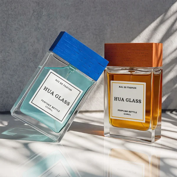 HUA0247 perfume bottle, rectangular transparent glass body with thick base, 100 ml liquid, rectangular wooden cap with customizable color, brand label applied on bottle, modern luxurious design, ideal for gifting and daily use.