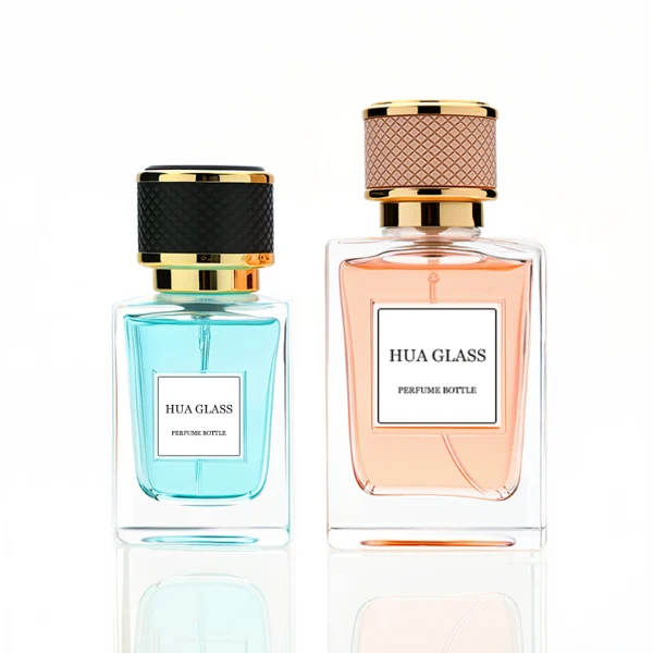 HUA0248 perfume bottle, rectangular transparent glass body with thick base, 50 ml or 100 ml liquid, cylindrical plastic cap wrapped with leather, gold-colored bottle neck, brand label applied on bottle, modern luxurious design, ideal for gifting and daily use.