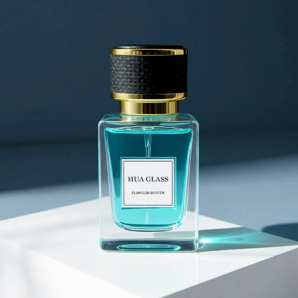 HUA0248 perfume bottle, rectangular transparent glass body with thick base, 50 ml or 100 ml liquid, cylindrical plastic cap wrapped with leather, gold-colored bottle neck, brand label applied on bottle, modern luxurious design, ideal for gifting and daily use.