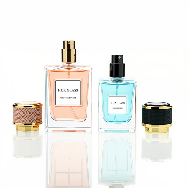 HUA0248 perfume bottle, rectangular transparent glass body with thick base, 50 ml or 100 ml liquid, cylindrical plastic cap wrapped with leather, gold-colored bottle neck, brand label applied on bottle, modern luxurious design, ideal for gifting and daily use.
