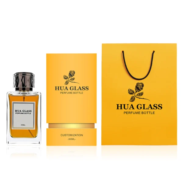 HUA0250 perfume bottle, rectangular transparent glass body with thick base, 100 ml liquid, black cylindrical plastic inner cap with transparent outer plastic, brand label applied on bottle, modern luxurious design, ideal for gifting and daily use.
