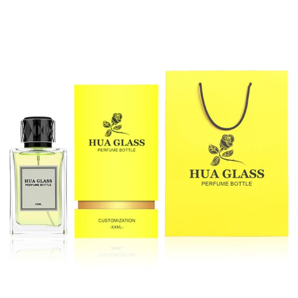 HUA0250 perfume bottle, rectangular transparent glass body with thick base, 100 ml liquid, black cylindrical plastic inner cap with transparent outer plastic, brand label applied on bottle, modern luxurious design, ideal for gifting and daily use.