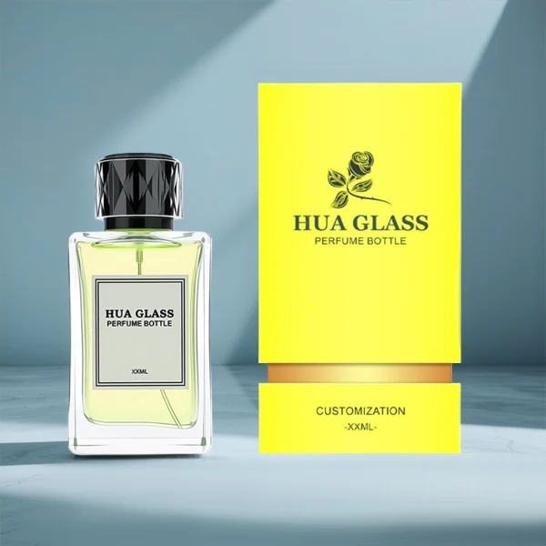 HUA0250 perfume bottle, rectangular transparent glass body with thick base, 100 ml liquid, black cylindrical plastic inner cap with transparent outer plastic, brand label applied on bottle, modern luxurious design, ideal for gifting and daily use.