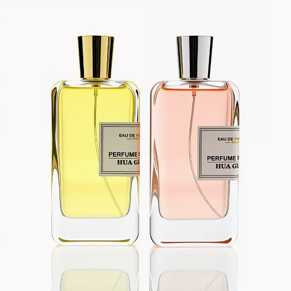 HUA0251 perfume bottle, rectangular transparent glass body with thick base, 100 ml liquid, cylindrical plastic cap with smooth high-gloss surface, flat top, straight uniform sides, tightly fitted to bottle neck, brand label applied on bottle, modern luxurious design, ideal for gifting and daily use.