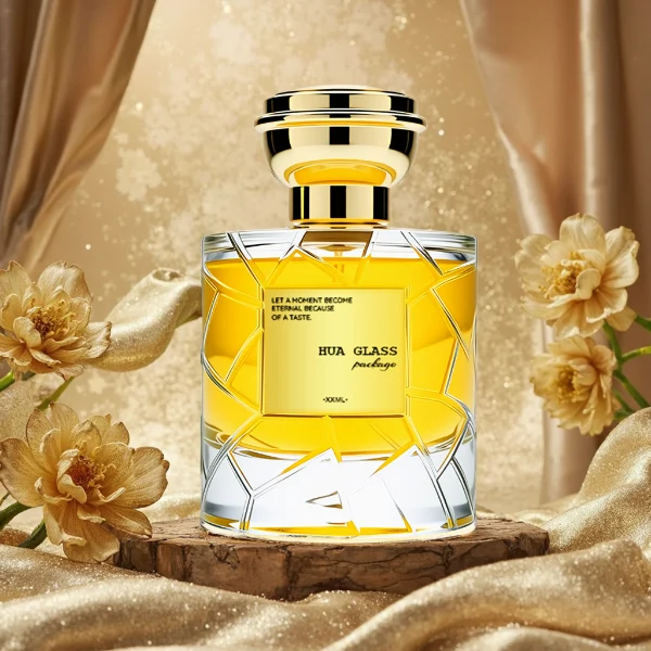 HUA0253 perfume bottle, faceted transparent glass body with geometric cut texture and thick base, 100 ml liquid, layered flat cylindrical cap with flat top, narrowed middle section and mirror metallic finish in gold or silver color matching the bottle neck, aluminum label/sticker applied on bottle, modern luxury design, ideal for gifting and daily use.