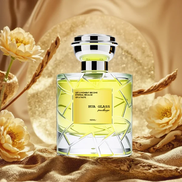 HUA0253 perfume bottle, faceted transparent glass body with geometric cut texture and thick base, 100 ml liquid, layered flat cylindrical cap with flat top, narrowed middle section and mirror metallic finish in gold or silver color matching the bottle neck, aluminum label/sticker applied on bottle, modern luxury design, ideal for gifting and daily use.