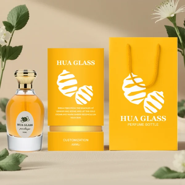 HUA0254 perfume bottle, rounded transparent glass body with smooth curved silhouette and thick base, 100 ml liquid, flared cylindrical Zamac cap with glossy finish, available in ribbed side texture or smooth side surface style, printed logo on bottle, elegant modern luxury design, ideal for gifting and daily use.