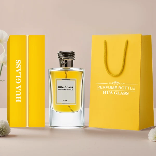 HUA0256 perfume bottle, transparent glass body with rectangular paper bag-inspired silhouette, smooth curved shoulders and oval thick base, 80 ml liquid, cylindrical plastic cap with layered ring texture and metallic glossy finish, printed logo label, modern luxury design, ideal for gifting and daily use.