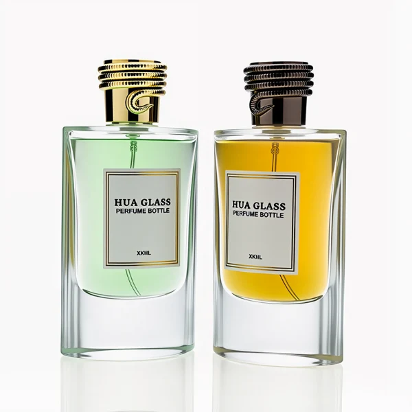 HUA0256 perfume bottle, transparent glass body with rectangular paper bag-inspired silhouette, smooth curved shoulders and oval thick base, 80 ml liquid, cylindrical plastic cap with layered ring texture and metallic glossy finish, printed logo label, modern luxury design, ideal for gifting and daily use.