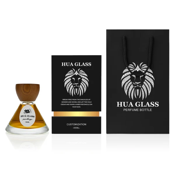 HUA0257 perfume bottle, transparent glass body with wide cone-shaped silhouette and thick rounded base, 30 ml, 50 ml, or 100 ml liquid, rounded wooden cap with matte finish and bowl-shaped silhouette in black or brown color, printed logo label, artistic modern luxury design, ideal for gifting and daily use.