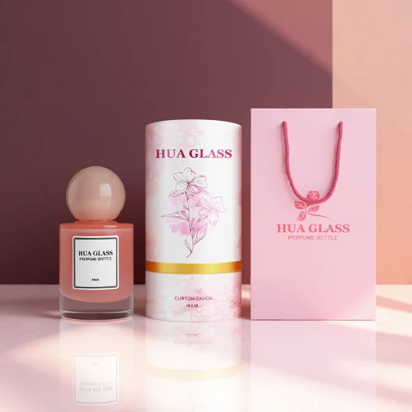HUA0258 perfume bottle, internally sprayed cylindrical glass body with thick rounded base, 30 ml, 50 ml, or 100 ml liquid, oversized spherical plastic cap with glossy finish matching the internal spray glass color, customizable color design, printed logo label, modern minimalist luxury style, ideal for gifting and daily use.