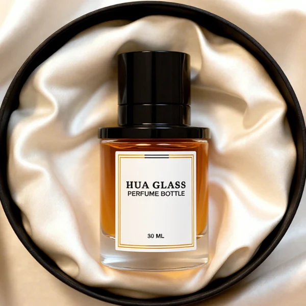 HUA0264 perfume bottle, cylindrical transparent glass body with thick rounded base, 50 ml or 100 ml liquid, stamp-shaped aluminum and magnet cap with glossy black or gold finish, printed logo label, modern luxury minimalist design, ideal for gifting and daily use.