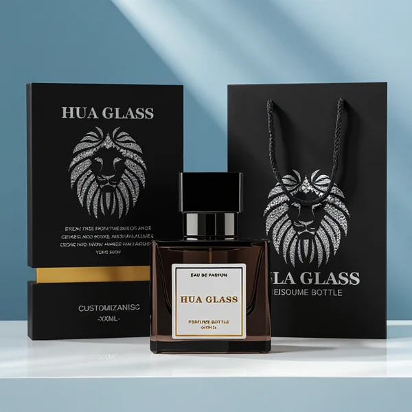 HUA0266 perfume bottle, square glass body with faceted angular corners and thick weighted base, available in transparent colorless glass or semi-transparent black glass, 30 ml, 50 ml, or 100 ml liquid, geometric rectangular Zamac cap with glossy metallic finish in silver, gold, or black color, printed logo label, modern luxury fashion design, ideal for gifting and daily use.