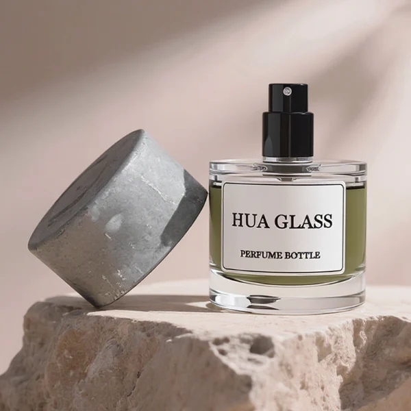 HUA0268 perfume bottle, cylindrical transparent glass body with thick rounded base, 30 ml, 50 ml, or 100 ml liquid, oversized flat cylindrical artificial stone cap with matte stone texture, printed logo label, contemporary minimalist luxury design, ideal for gifting and daily use.