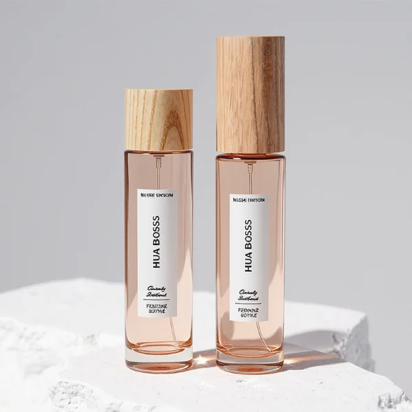 HUA0269 perfume bottle, slim cylindrical transparent glass body with rounded base, 30 ml, 50 ml, or 100 ml liquid, tall cylindrical wooden cap with natural wood grain texture, printed vertical logo label, natural minimalist elegance design, ideal for gifting and travel use.