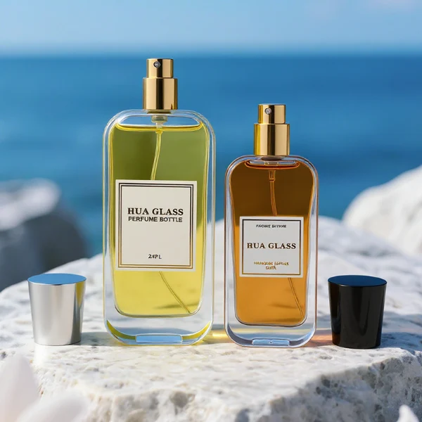 HUA0270 perfume bottle, rounded rectangular transparent glass body with smooth curved corners and thick base, 50 ml or 100 ml liquid, tapered cylindrical plastic cap in glossy black or white finish, printed logo label, modern elegant luxury design, ideal for gifting and daily use.