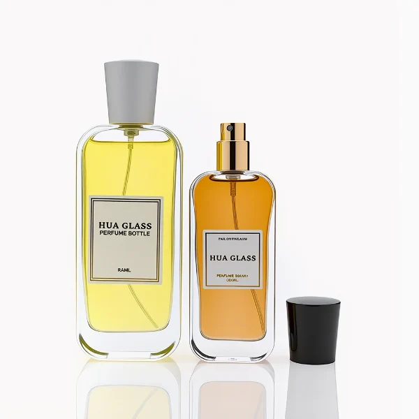 HUA0270 perfume bottle, rounded rectangular transparent glass body with smooth curved corners and thick base, 50 ml or 100 ml liquid, tapered cylindrical plastic cap in glossy black or white finish, printed logo label, modern elegant luxury design, ideal for gifting and daily use.
