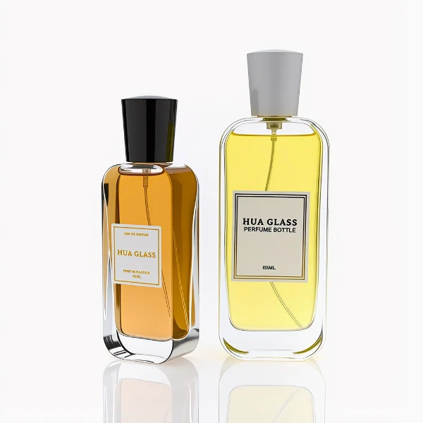 HUA0270 perfume bottle, rounded rectangular transparent glass body with smooth curved corners and thick base, 50 ml or 100 ml liquid, tapered cylindrical plastic cap in glossy black or white finish, printed logo label, modern elegant luxury design, ideal for gifting and daily use.