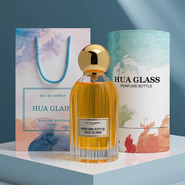 HUA0271 perfume bottle, cylindrical transparent glass body with vertical fluted texture and thick rounded base, 100 ml liquid, oversized spherical magnetic cap with glossy black or gold mirror finish, printed logo label, vintage luxury elegance design, ideal for gifting and daily use.
