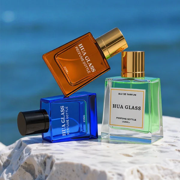 HUA0272 perfume bottle, semi-transparent blue or amber rectangular glass body with beveled edges and thick base, 35 ml, 50 ml, or 100 ml liquid, glossy cylindrical aluminum magnetic cap in gold or black, custom printed logo on bottle surface, modern luxury fashion design, ideal for gifting and daily use.