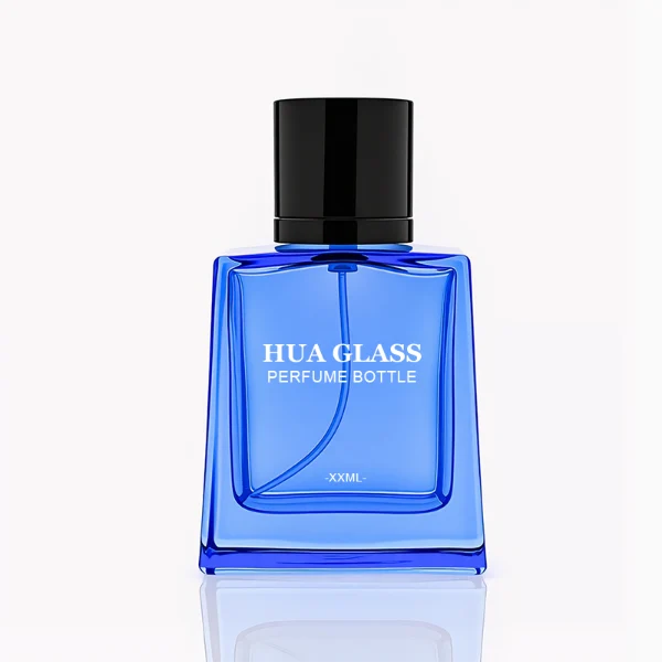 HUA0272 perfume bottle, semi-transparent blue or amber rectangular glass body with beveled edges and thick base, 35 ml, 50 ml, or 100 ml liquid, glossy cylindrical aluminum magnetic cap in gold or black, custom printed logo on bottle surface, modern luxury fashion design, ideal for gifting and daily use.